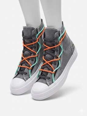High-Top Canvas Sneakers in Gray, Black, Teal & Orange